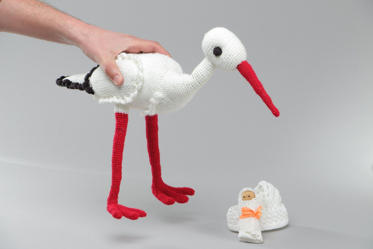 Handmade crochet soft toy for childbirth Stork with Baby photo 5