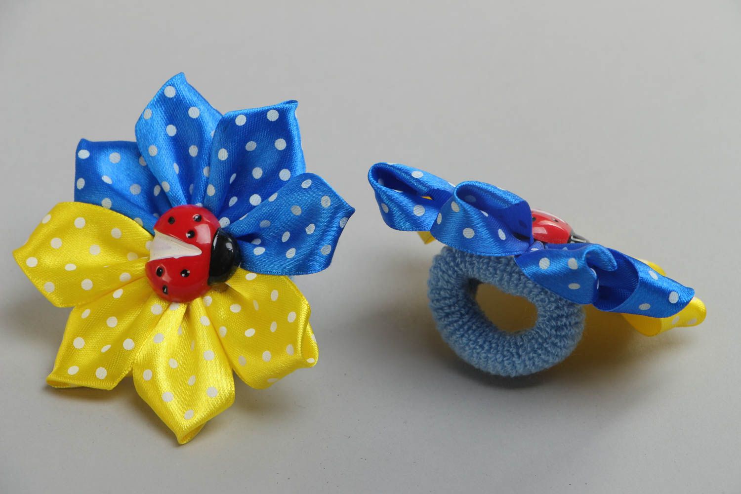 Handmade set of scrunchies made of satin ribbons yellow-blue flowers 2 pieces photo 3