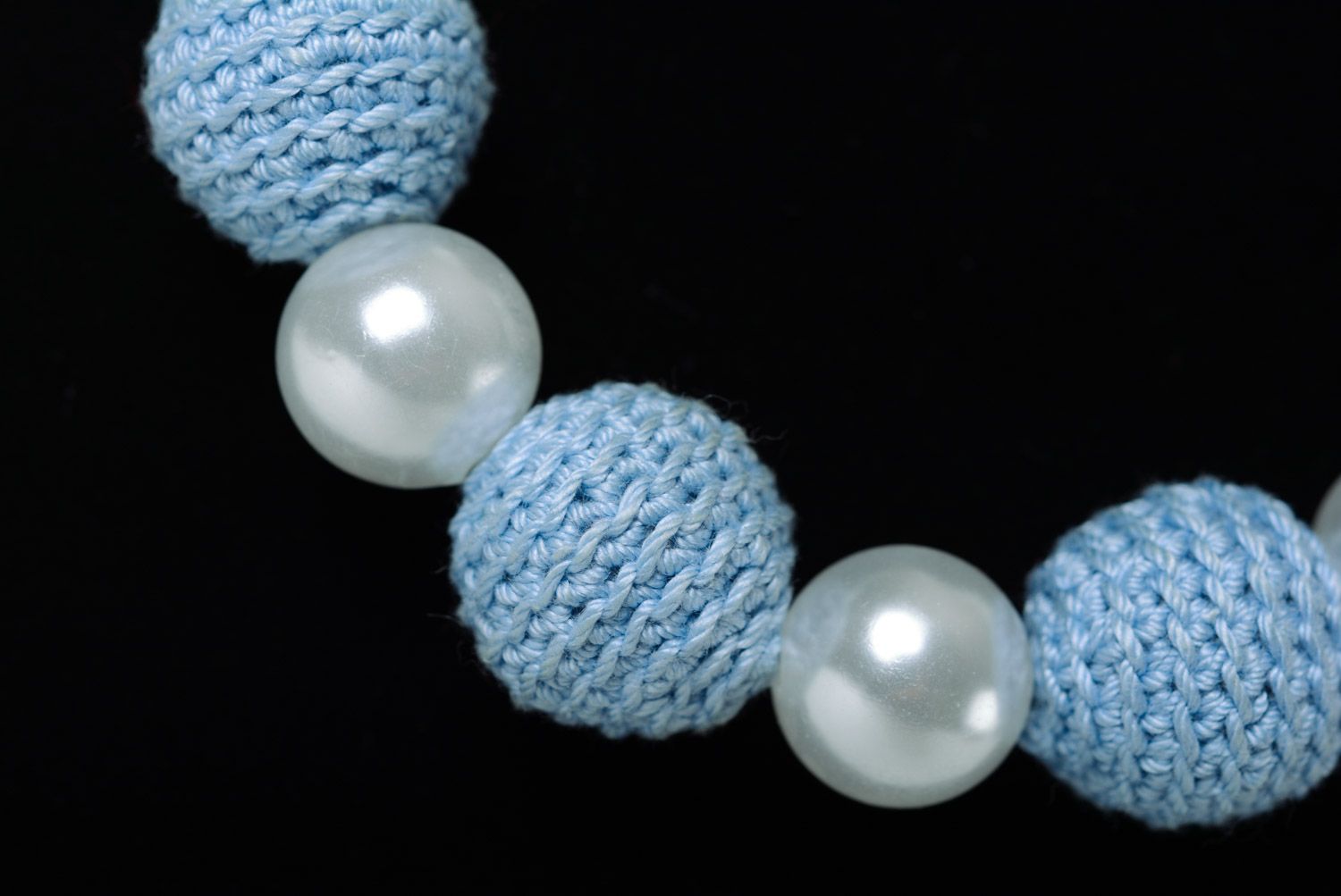 Handmade teething bead necklace crocheted of blue cotton threads for babies photo 3