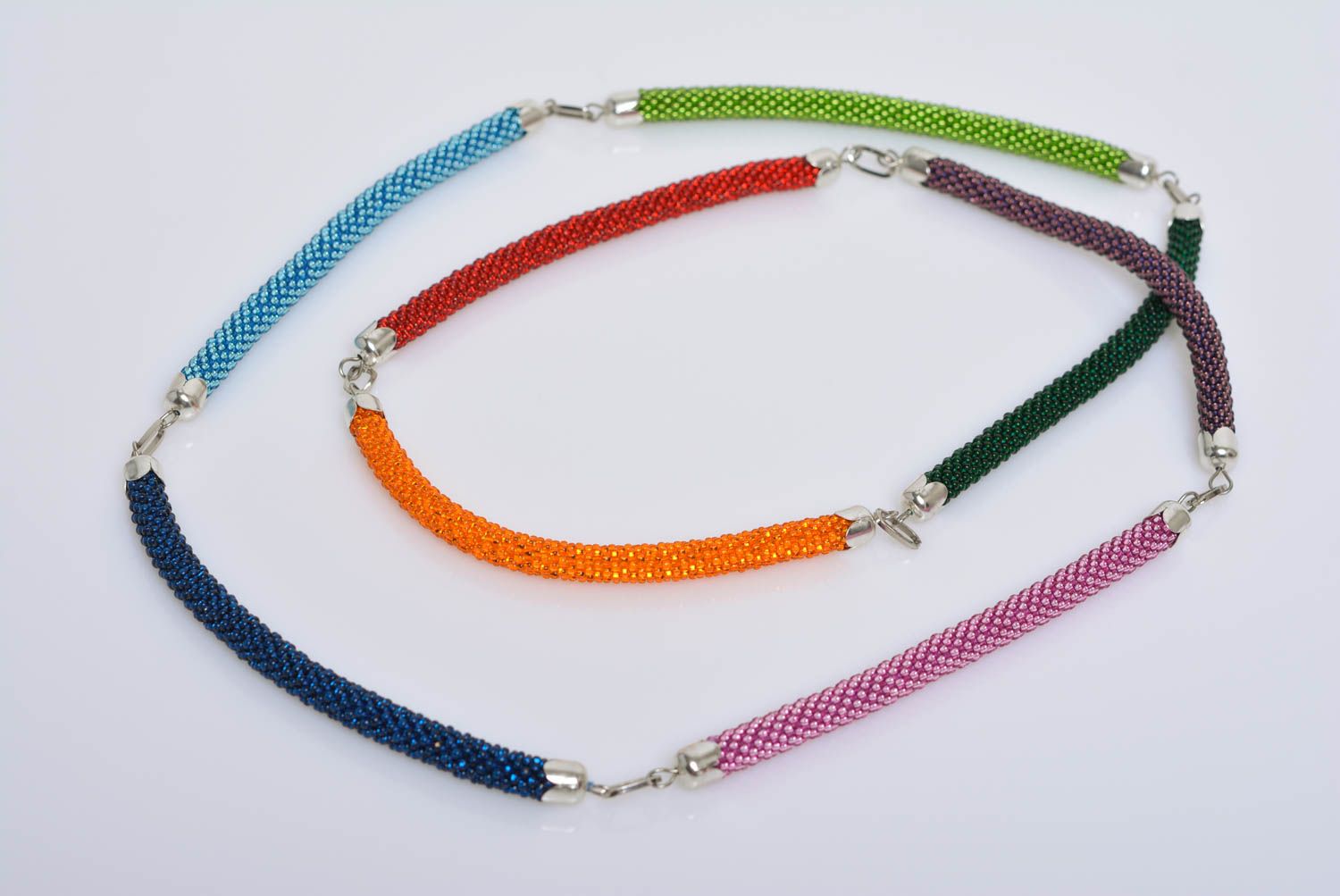 Handmade designer long bead woven cord necklace with bright colorful elements photo 1