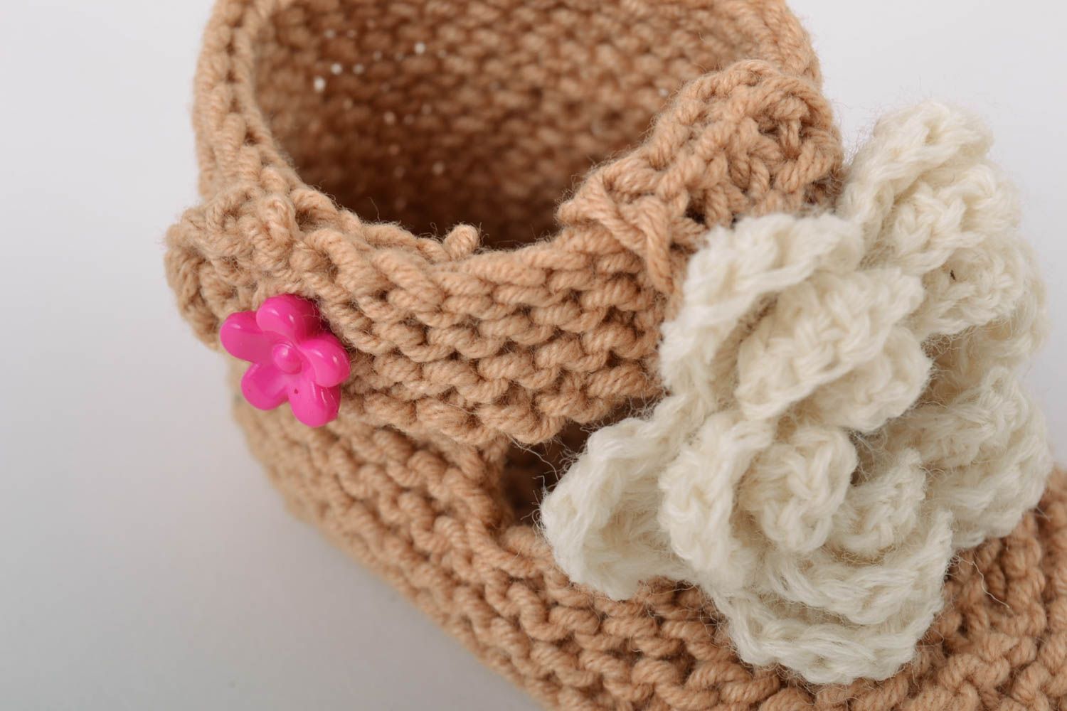 Handmade knitted brown booties made of cotton with flowers for babies photo 3