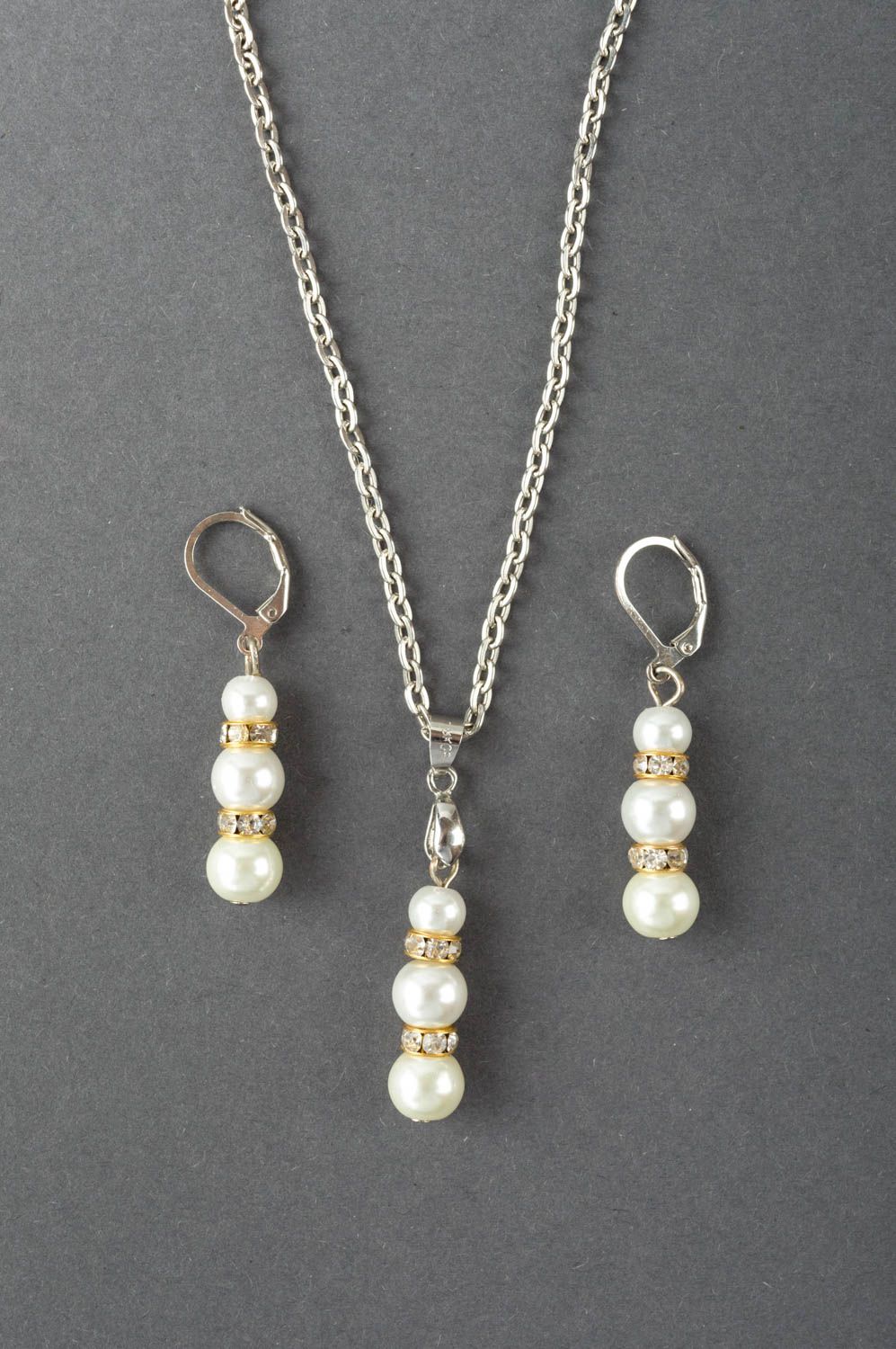 Handmade set of jewelry earrings and pendant artificial pearls accessories photo 4