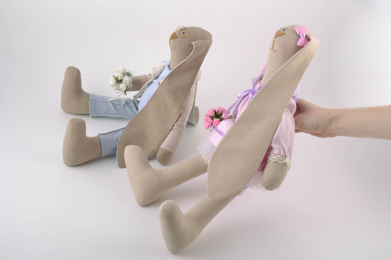 Set of 2 handmade linen fabric soft toys couple of stylish rabbits with long ears photo 2