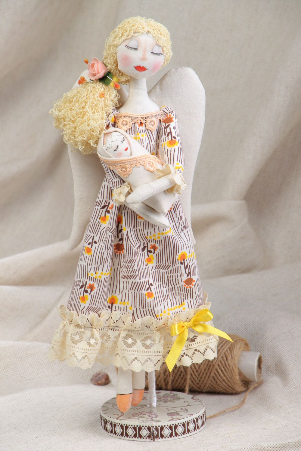 Handmade collectible fabric soft doll with stand Angel with Baby photo 1