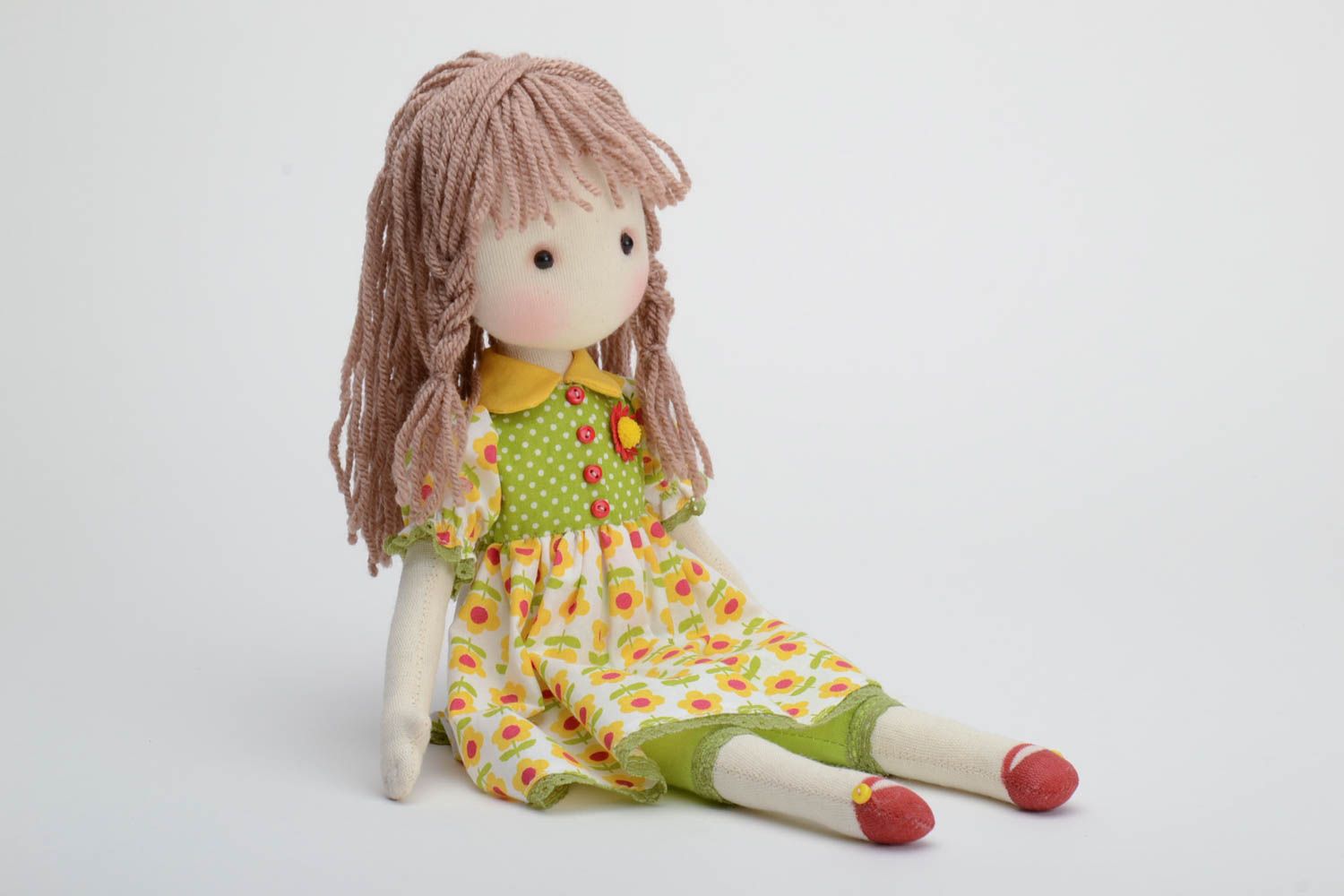 Handmade designer soft doll sewn of cotton fabric girl in floral dress photo 2