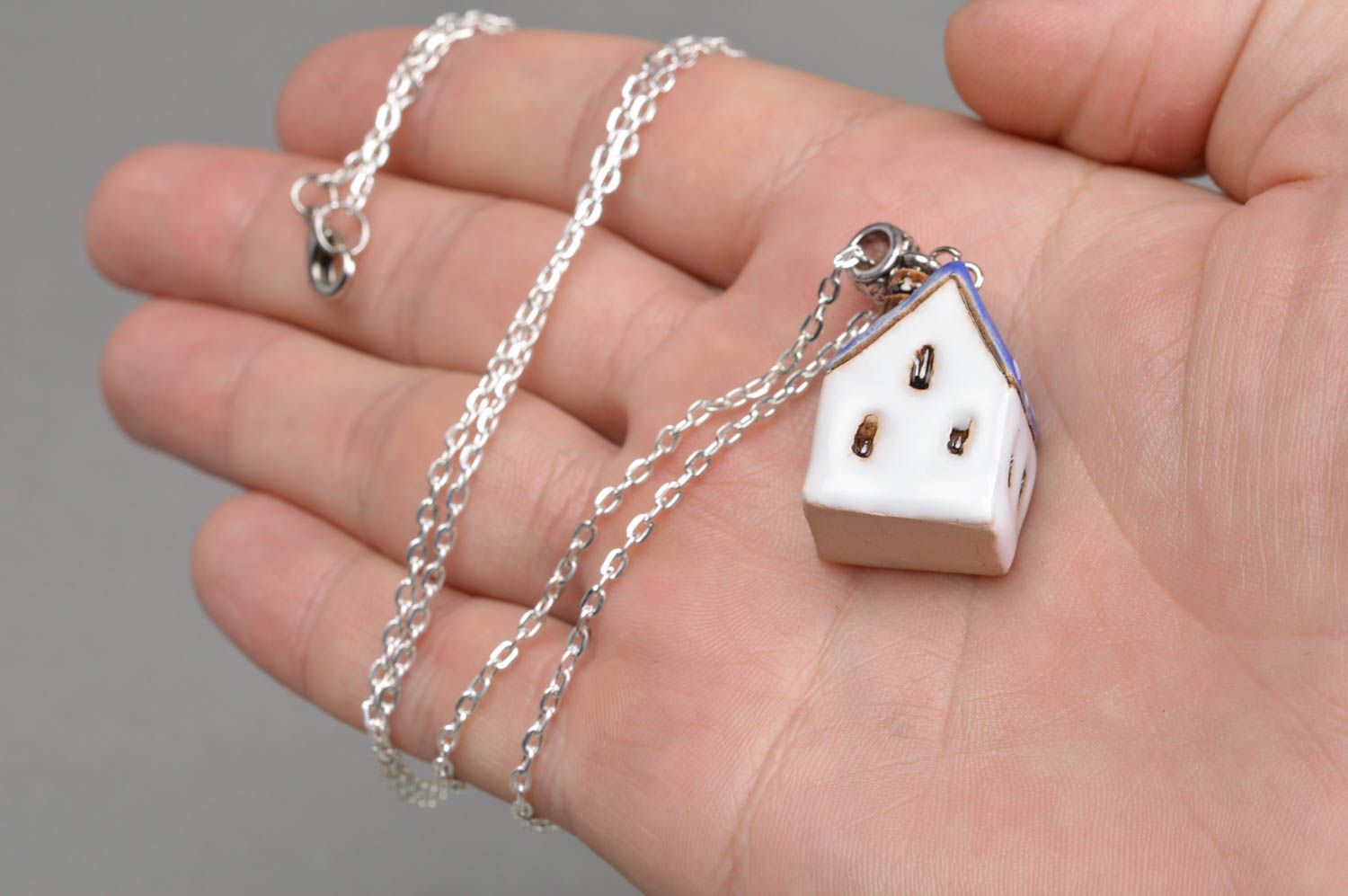 Unusual handmade designer painted ceramic neck pendant in the shape of house on long chain photo 4