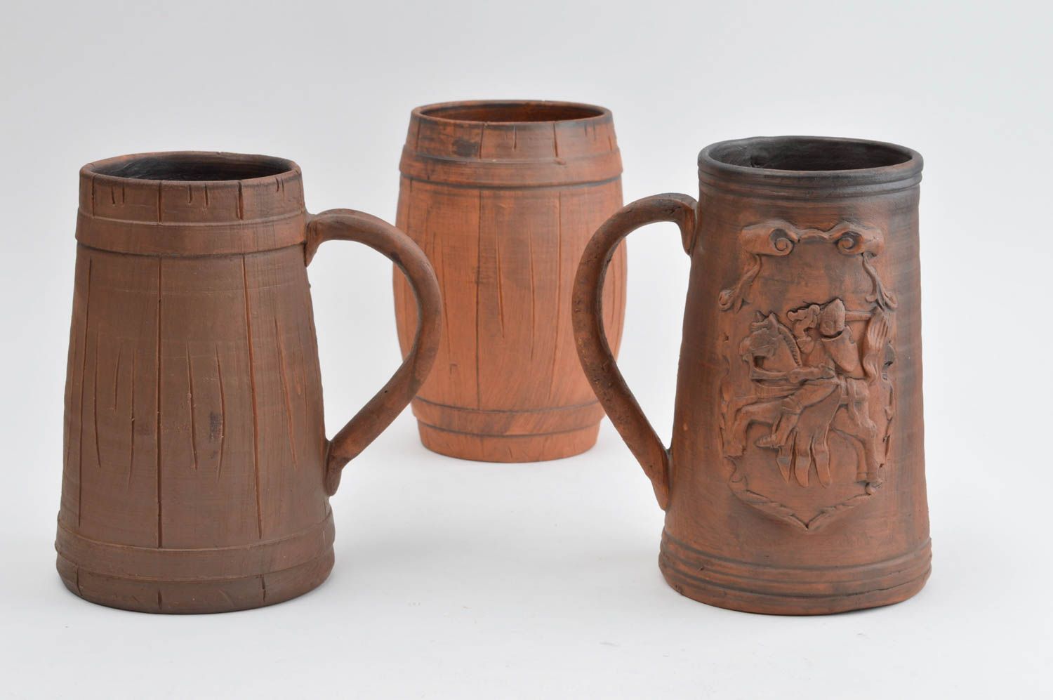 Set of 3 different clay beer mugs in German-style in dark brown color 4,46 lb photo 4