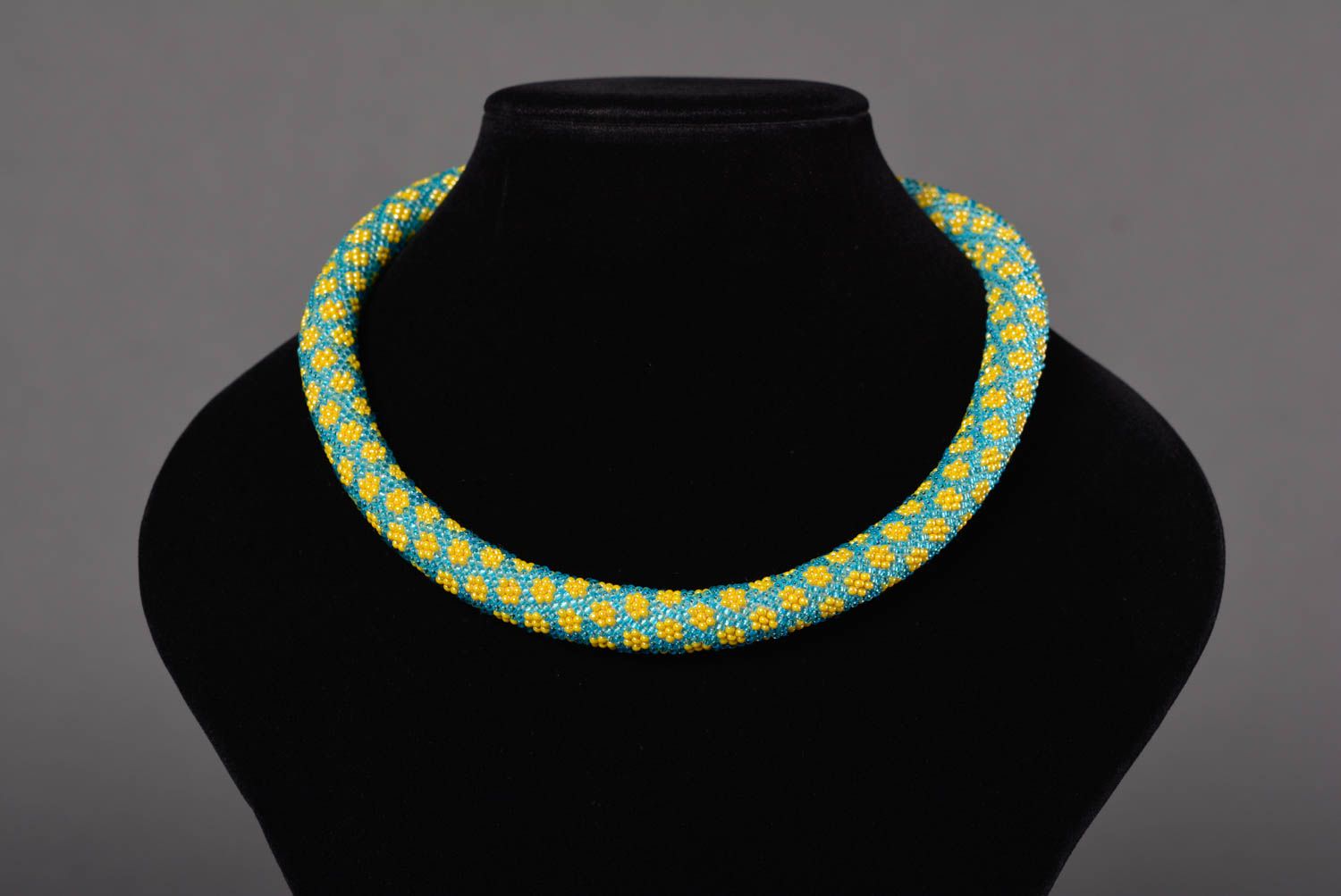 Bead cord necklace handmade accessories unusual yellow and blue beaded necklace photo 3