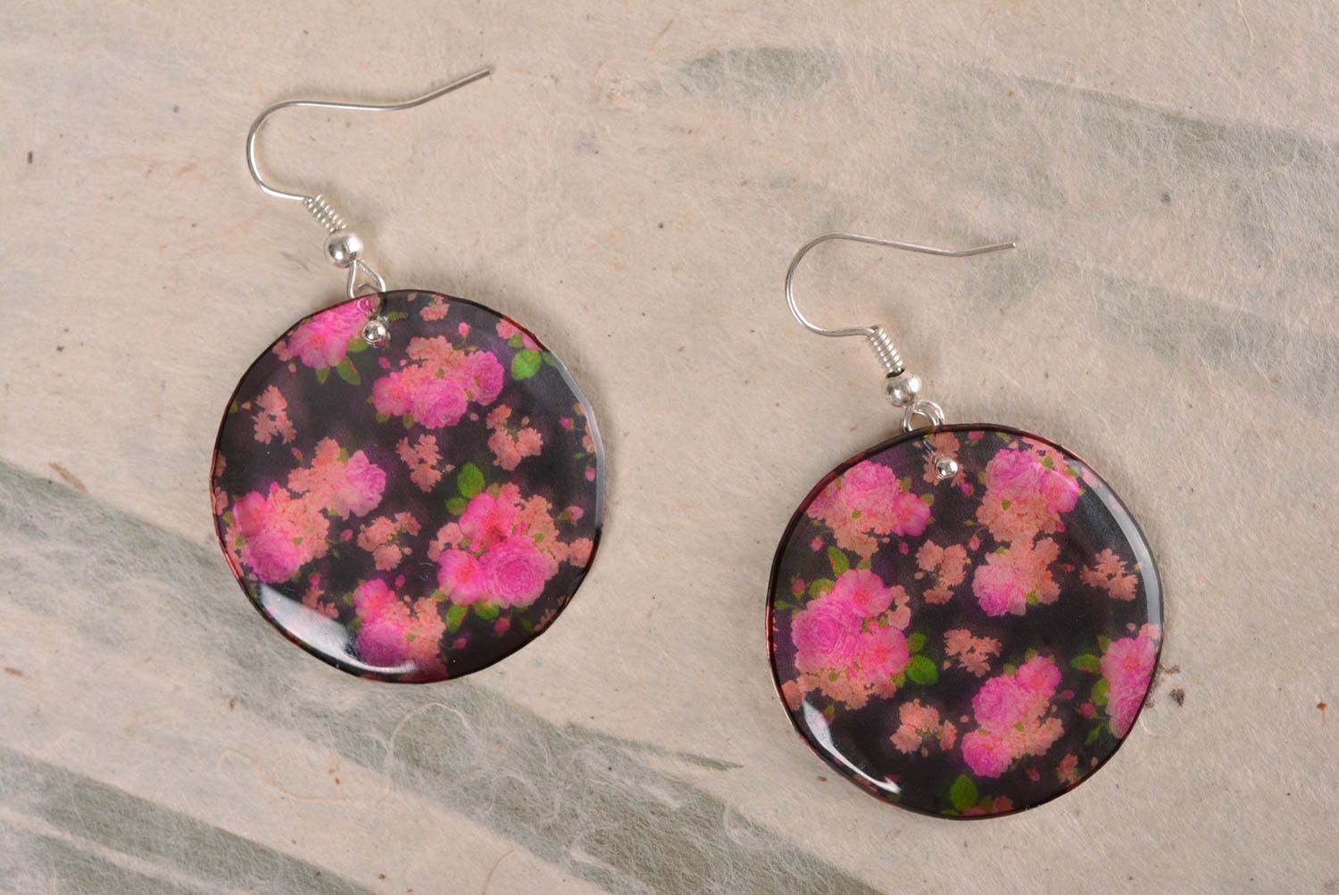 Handmade flower earrings made of epoxy resin with print with decoupage   photo 1