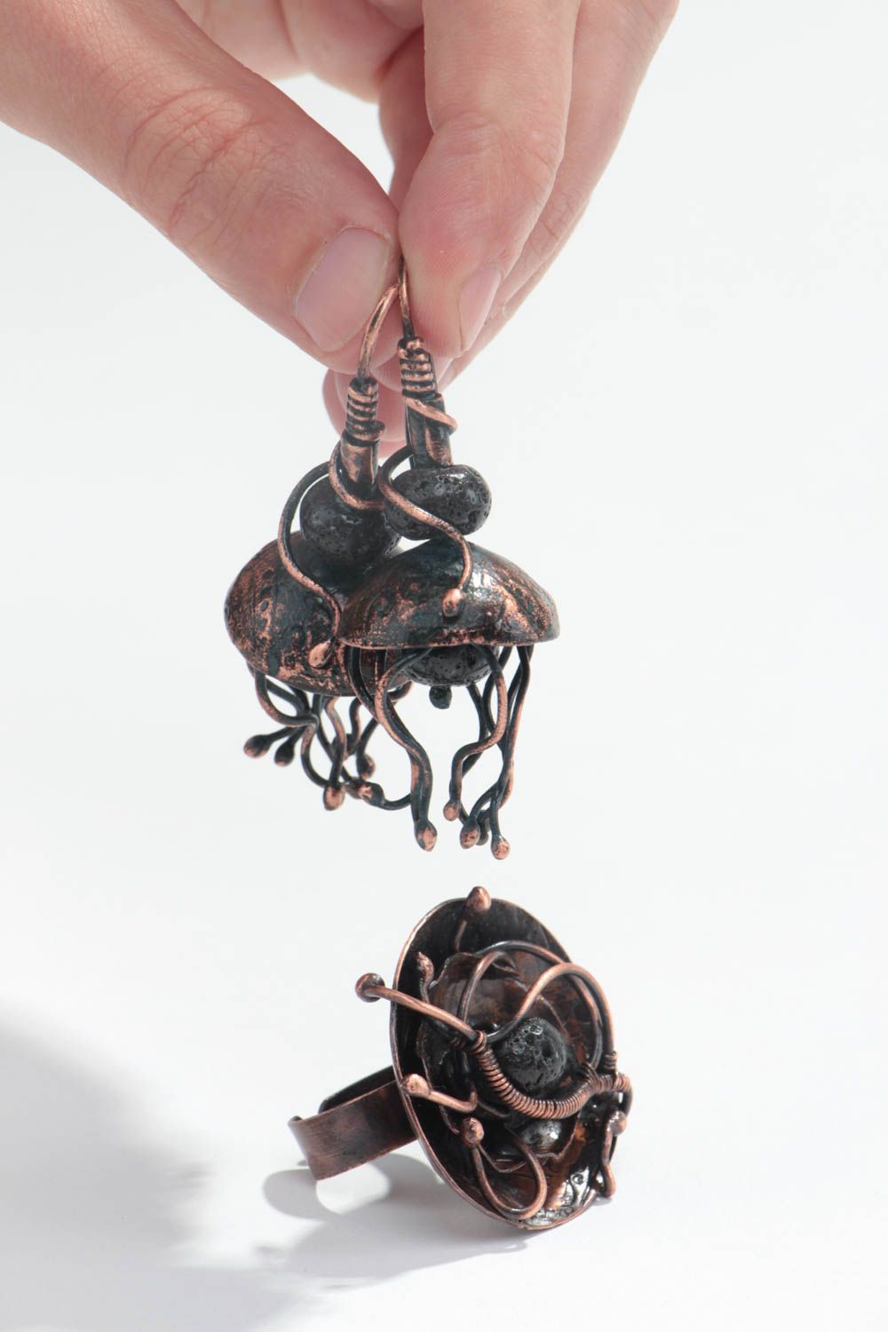 Set of handmade copper jewelry seal ring and dangling earrings Jelly Fish photo 5