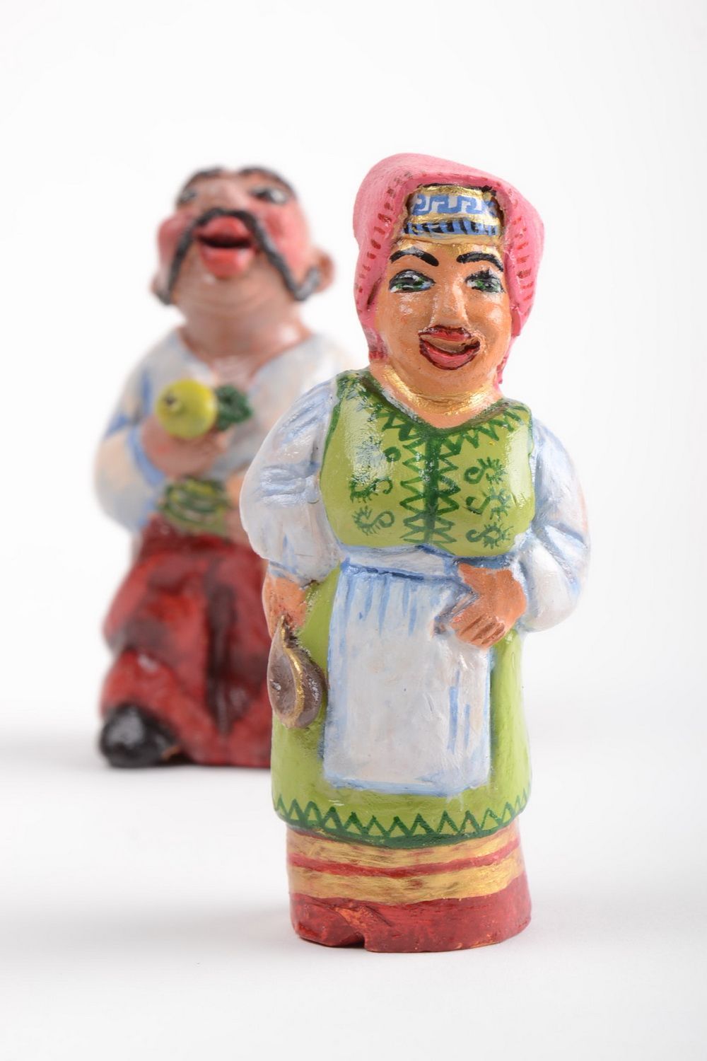Bemalte handmade Keramik Deko Figuren Set 2 Stück im ethnischen Stil Paar foto 4