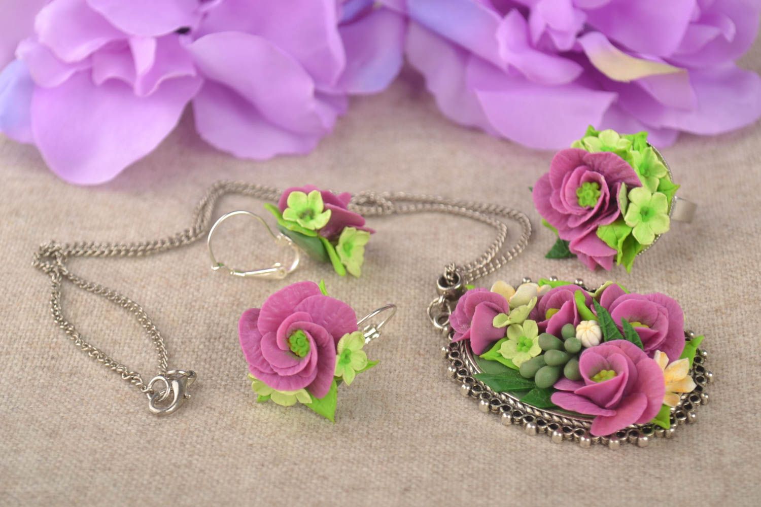 Handmade Schmuck Set Mode Accessoires Modeschmuck Ohrringe Anhänger Ring Blumen foto 1