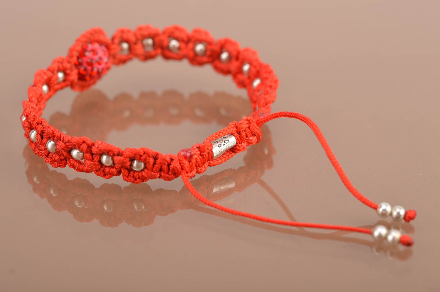Handmade adjustable strand red textile woven wrist bracelet with gold color beads photo 5