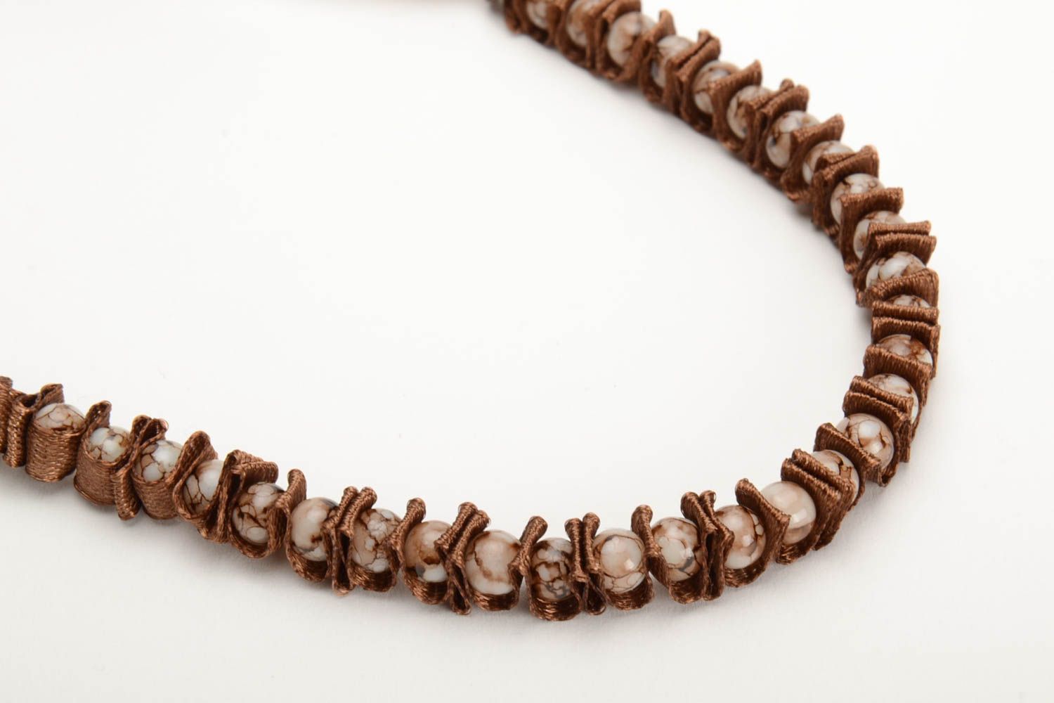 Brown handmade wrist bracelet woven of satin ribbon and glass beads Chocolate photo 2