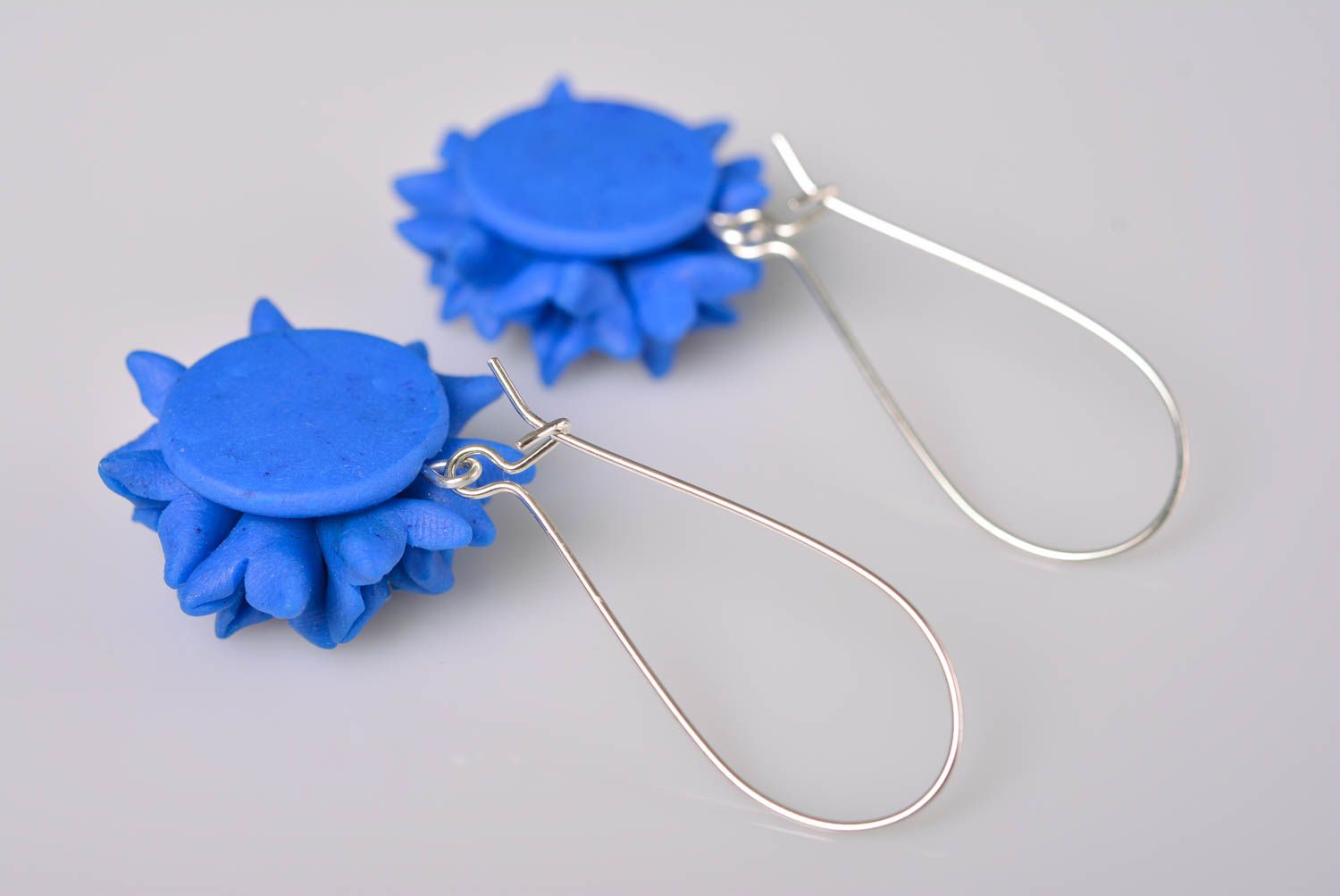 Handmade designer earrings with polymer clay blue cornflowers on metal basis photo 4