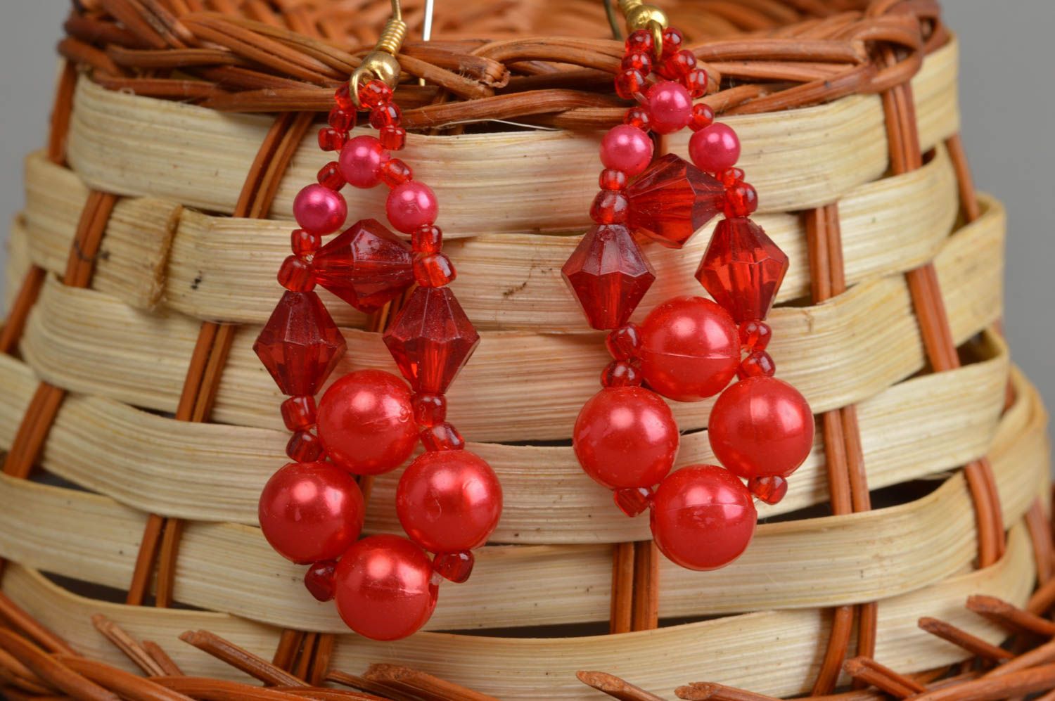 Handmade beaded red earrings stylish unusual designer accessories cute jewelry photo 1