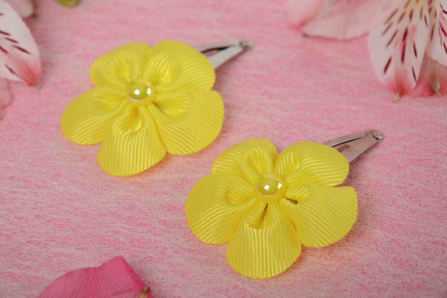 Hairpins with yellow flowers made of rep ribbons handmade set of 2 pieces photo 1