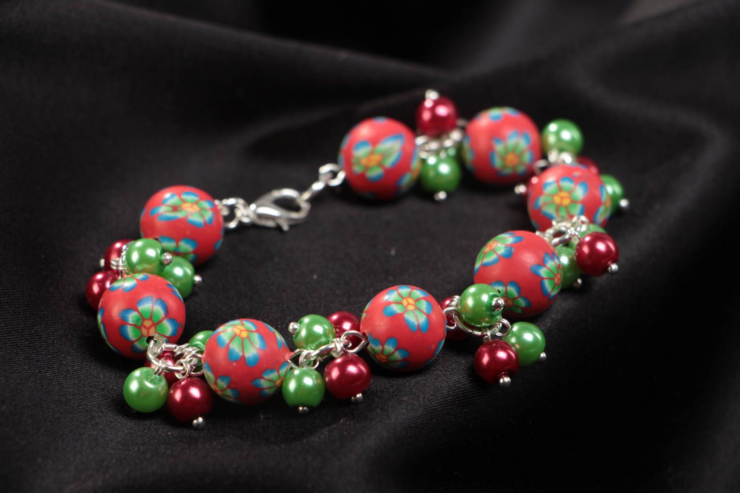 Small handmade children's polymer clay bracelet with ceramic beads on chain photo 1