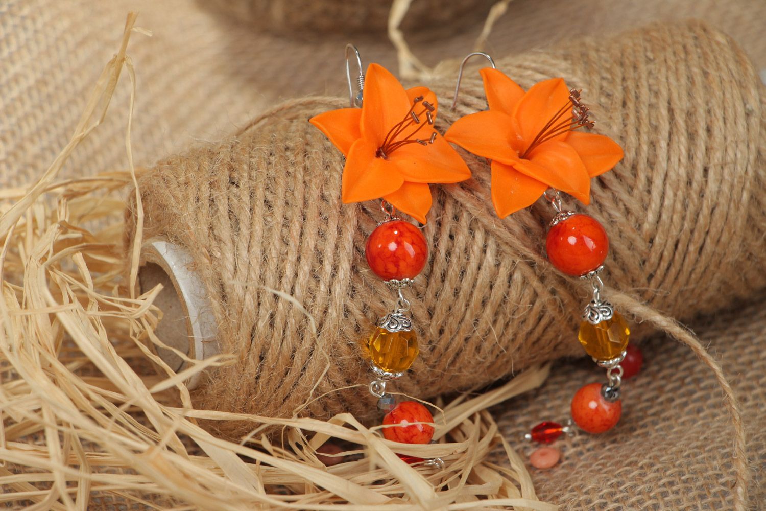 Handmade designer orange long earrings made of polymer clay present for girl photo 1