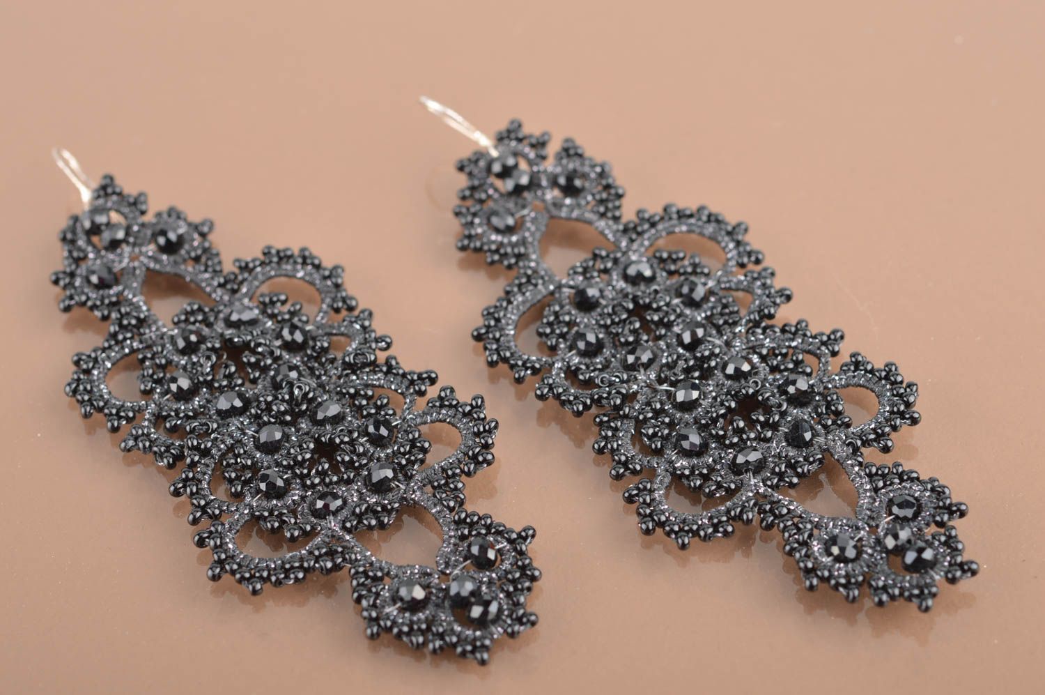 Beautiful black handmade designer tatting lace earrings with beads and crystals photo 2