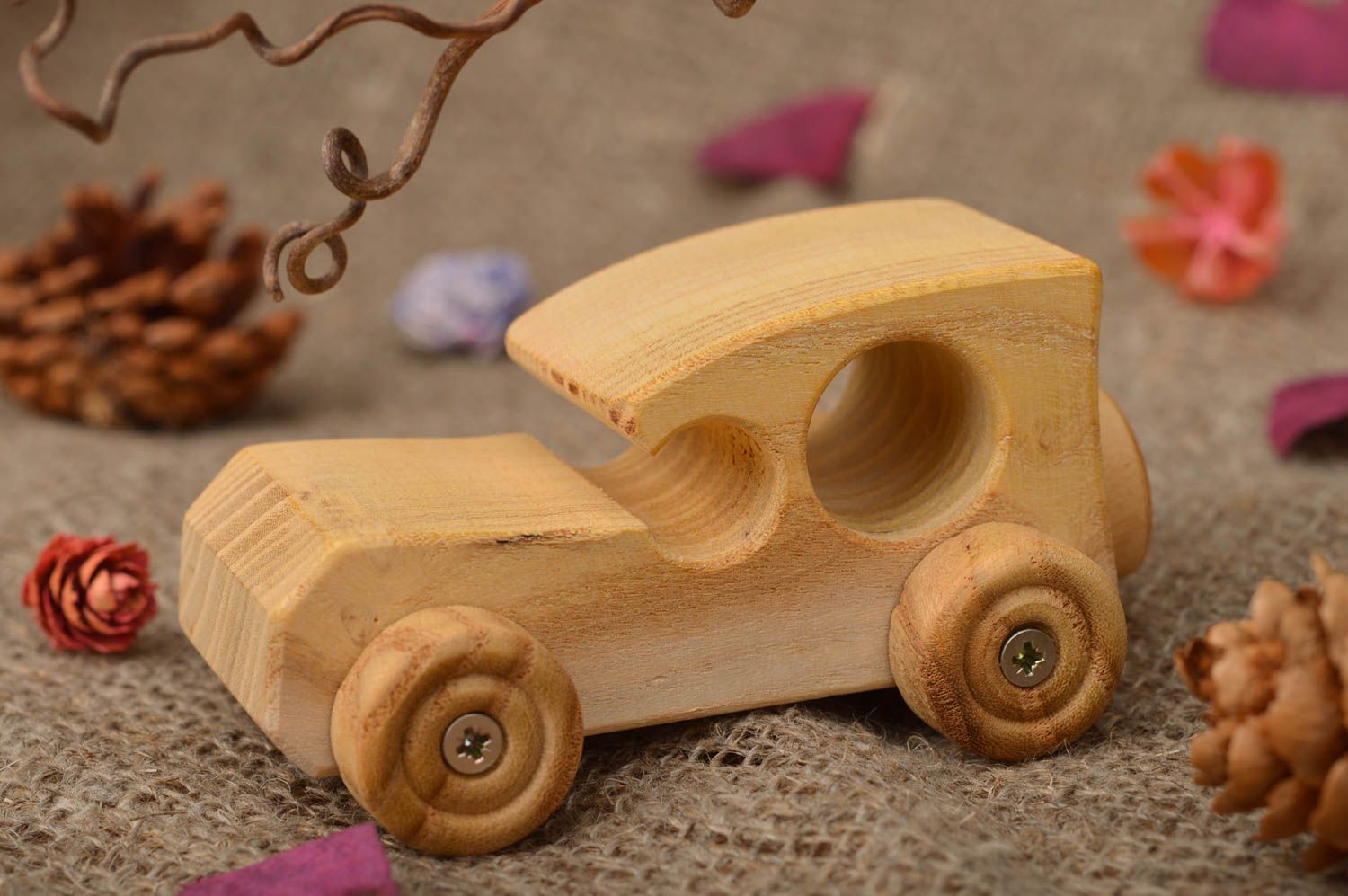 Zieh Spielzeug Holzauto öko rein handgemacht für Jungen klein beige originell foto 1