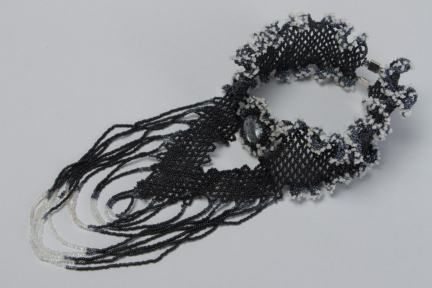 Handmade black evening beaded necklace with labradorite photo 2
