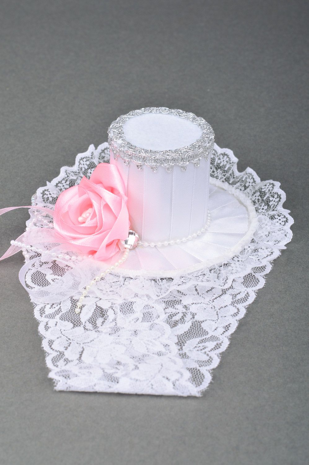 Handmade white lacy headband with beautiful top hat with pink rose  photo 3