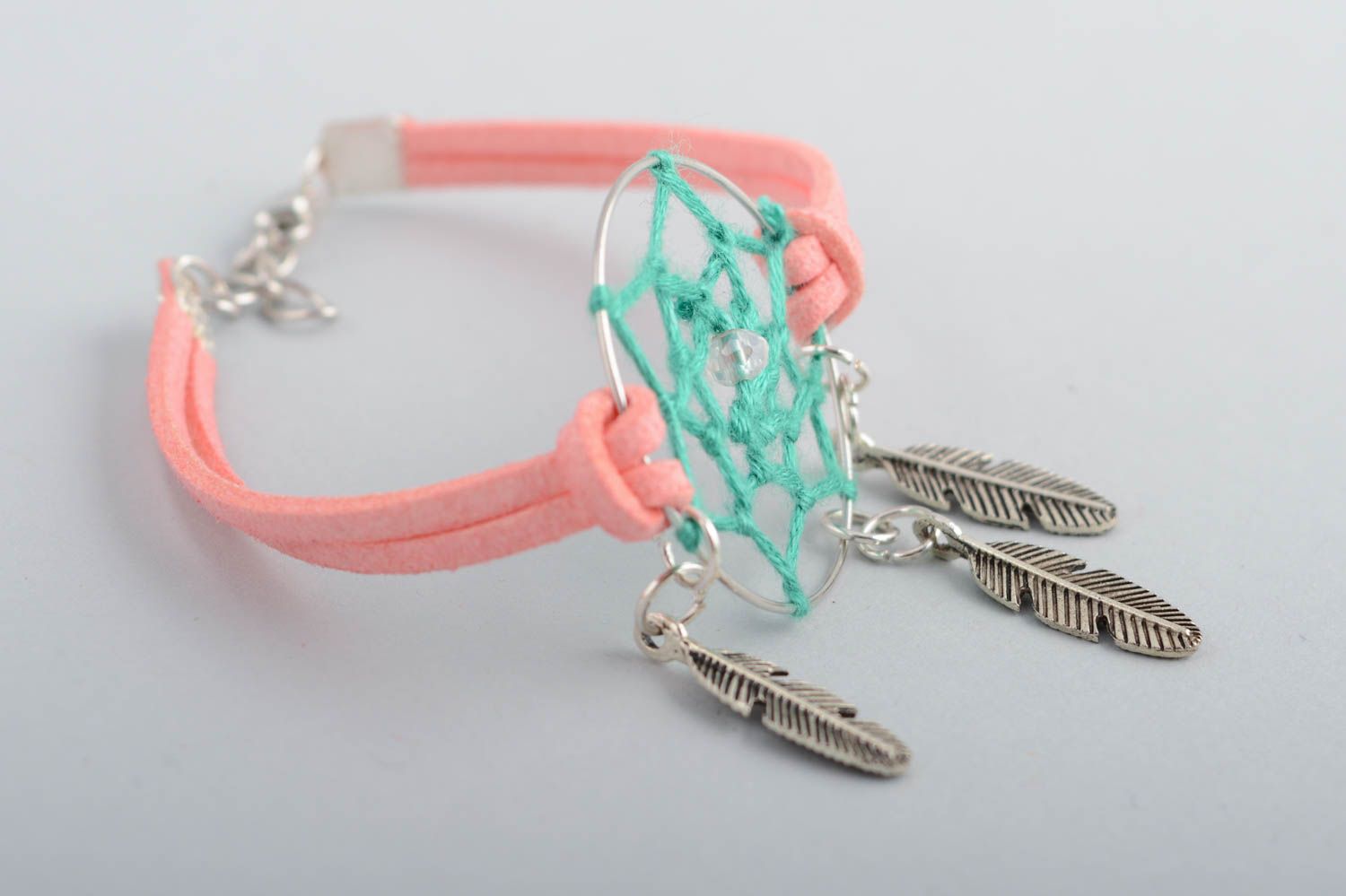 Handmade pink faux suede cord wrist bracelet with dreamcatcher amulet and charms photo 4