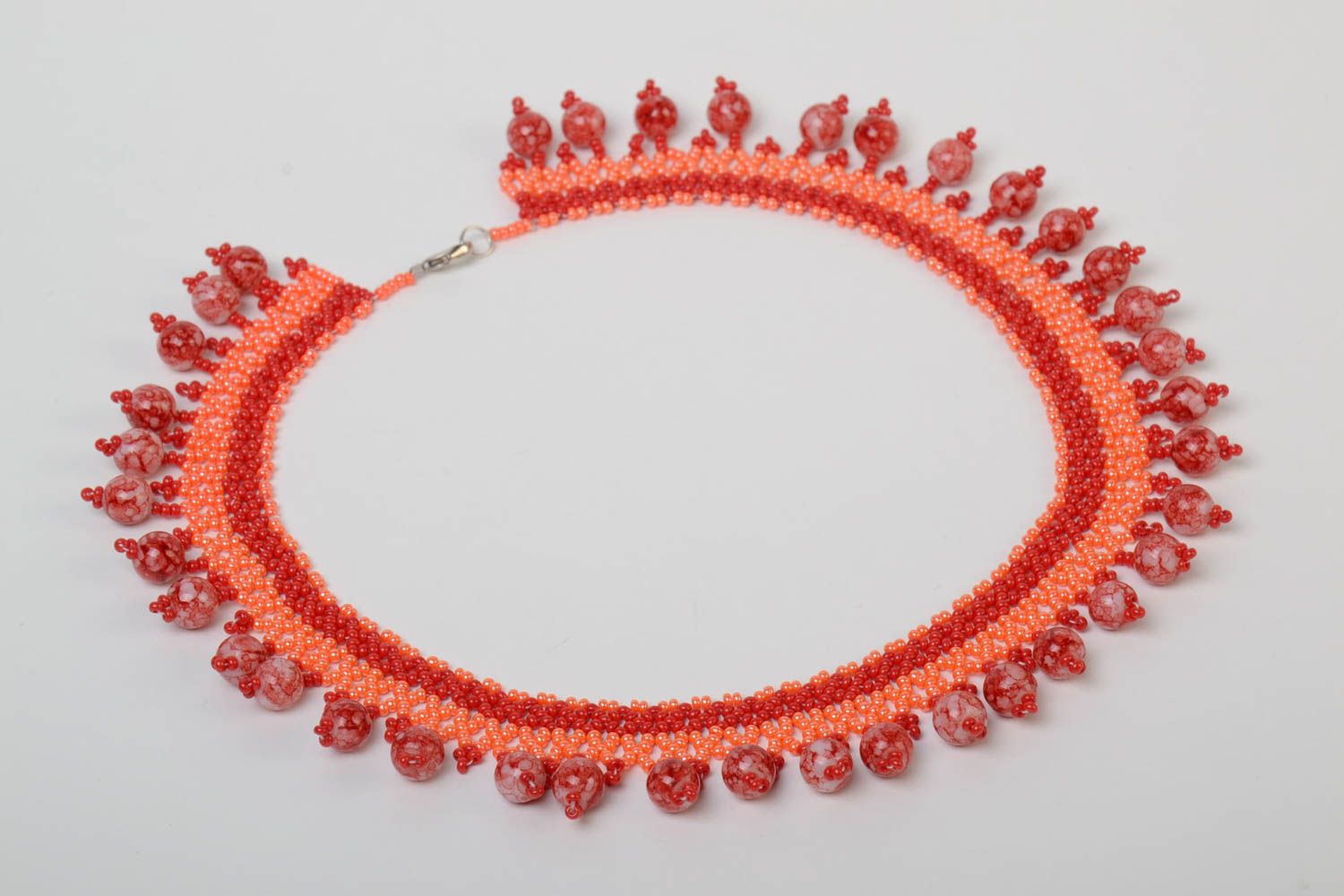 Unusual festive handmade designer red necklace woven of Czech beads photo 2