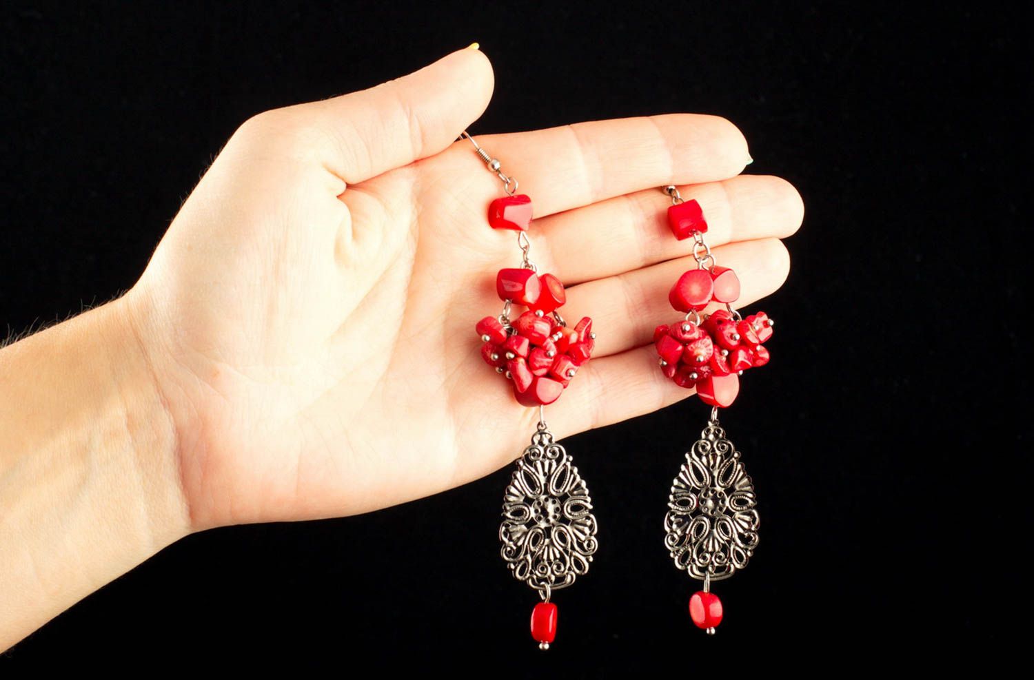 Handmade earrings earrings with natural coral stone earrings with charms  photo 1