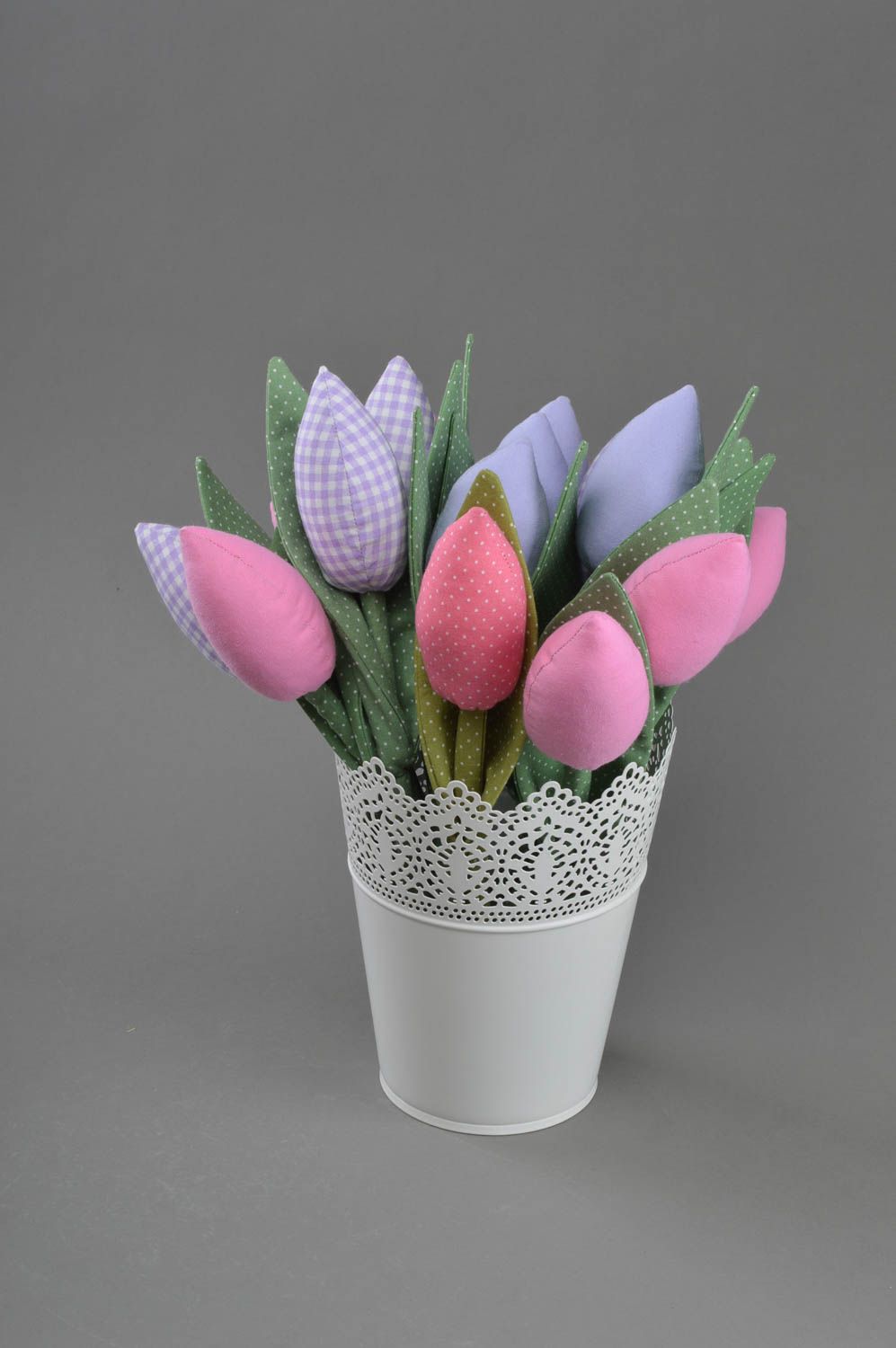 Fleur décorative artificielle Tulipe en coton rose à pois blancs faite main photo 3