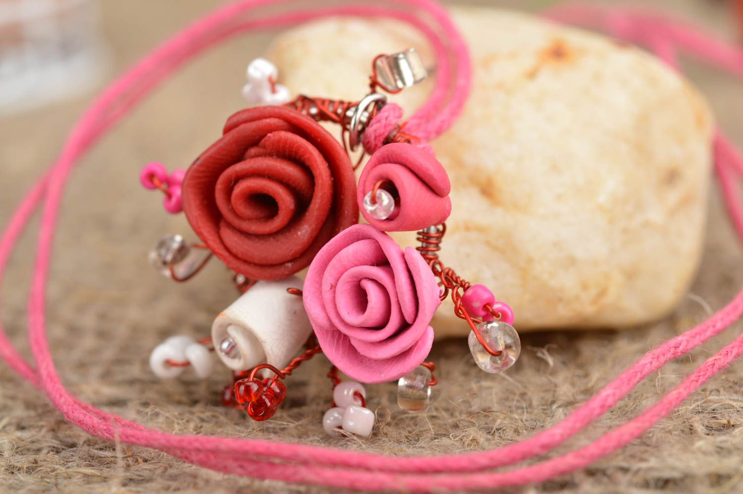 Handmade elegant flower pendant made of polymer clay in pink color photo 1