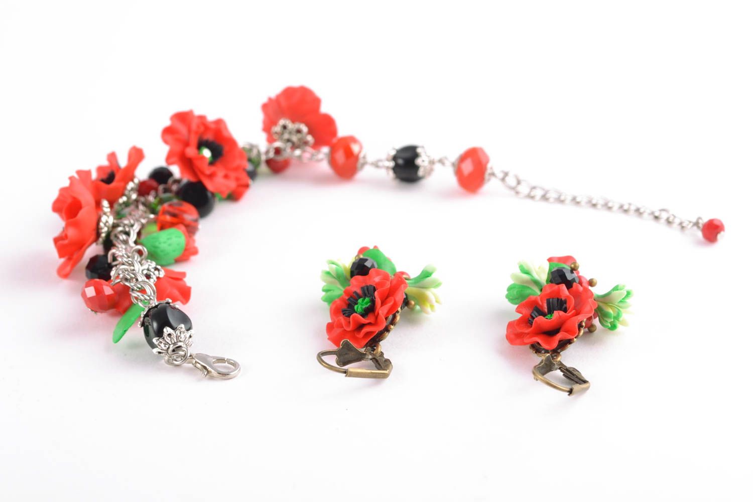 Set of charm jewelry of red hot poppy earrings and chain bracelet photo 5