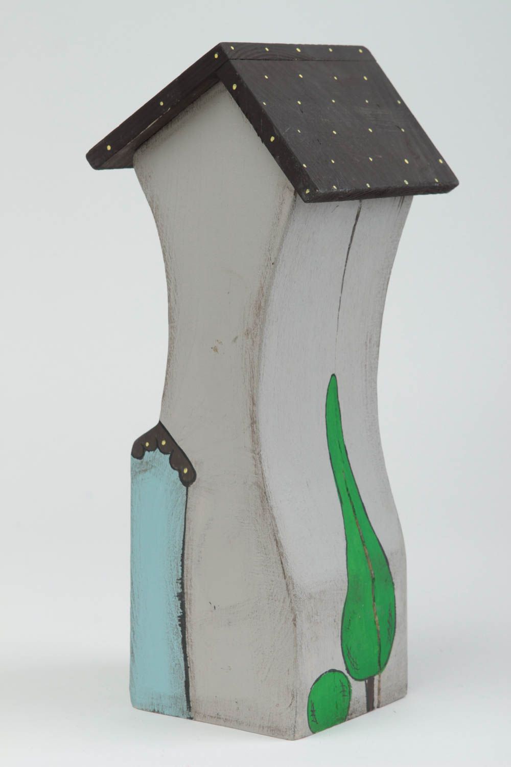 Statuette en bois fait main Figurine décorative Déco maison gris avec fenêtres photo 3