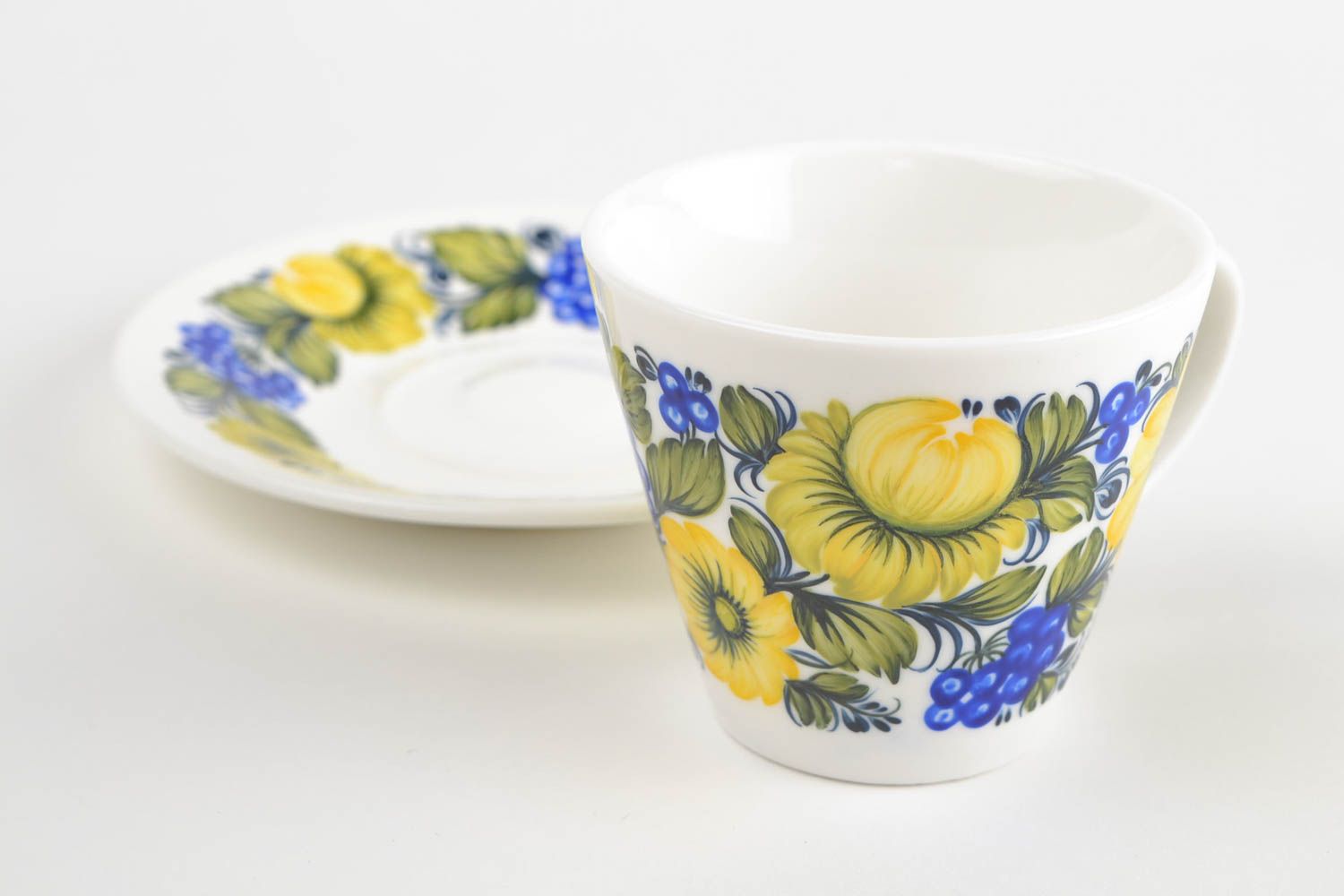 Porcelain white 5 oz coffee cup with saucer and yellow, blue floral pattern photo 5