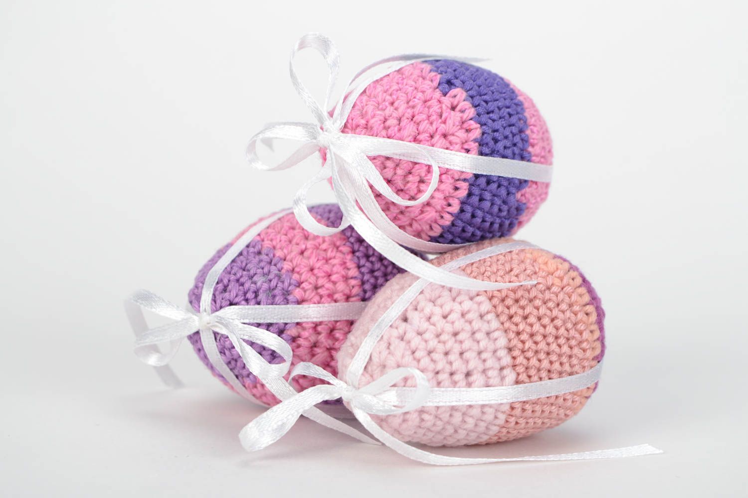 Set of handmade soft Easter eggs crocheted of cotton and wool 3 pieces photo 1