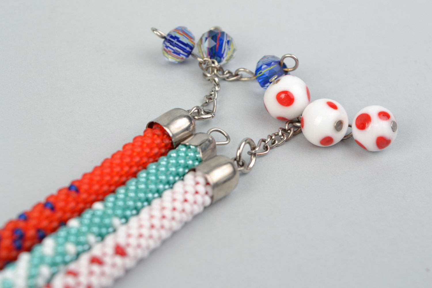 Set of 3 handmade beaded cord bracelets in combinations of white red and blue photo 5