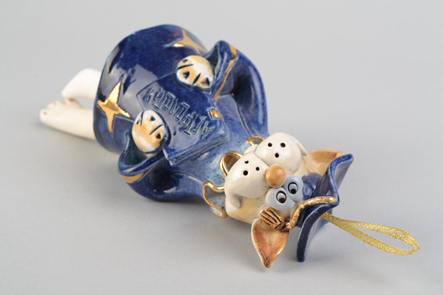 Campana de cerámica artesanal pintada con barniz con forma de gato astrólogo foto 2
