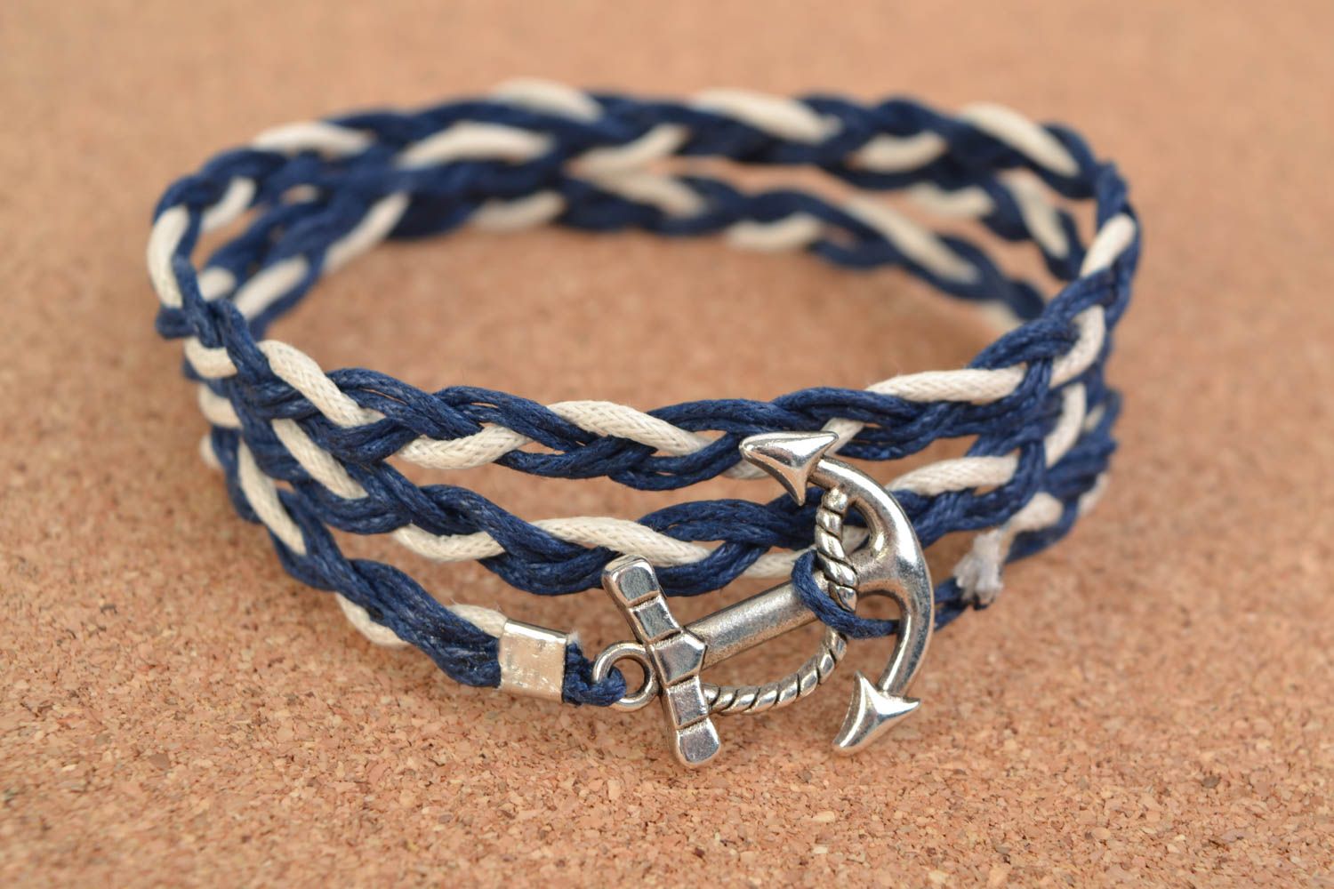 Handmade waxed cord bracelet with charm anchor blue with white  photo 1