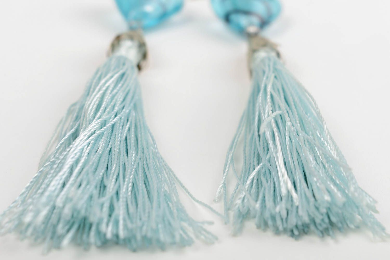 Handmade long earrings with tassels and glass beads in blue color fancy jewelry photo 5