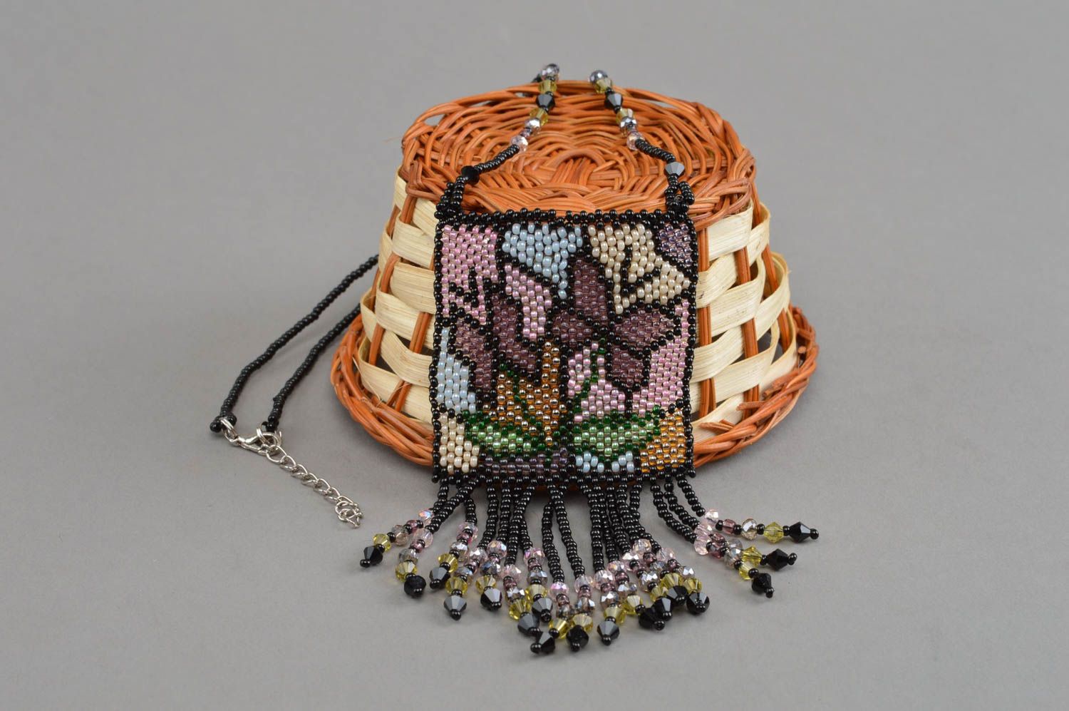 Beaded pendant handmade seed beads necklace designer accessory evening jewelry photo 1