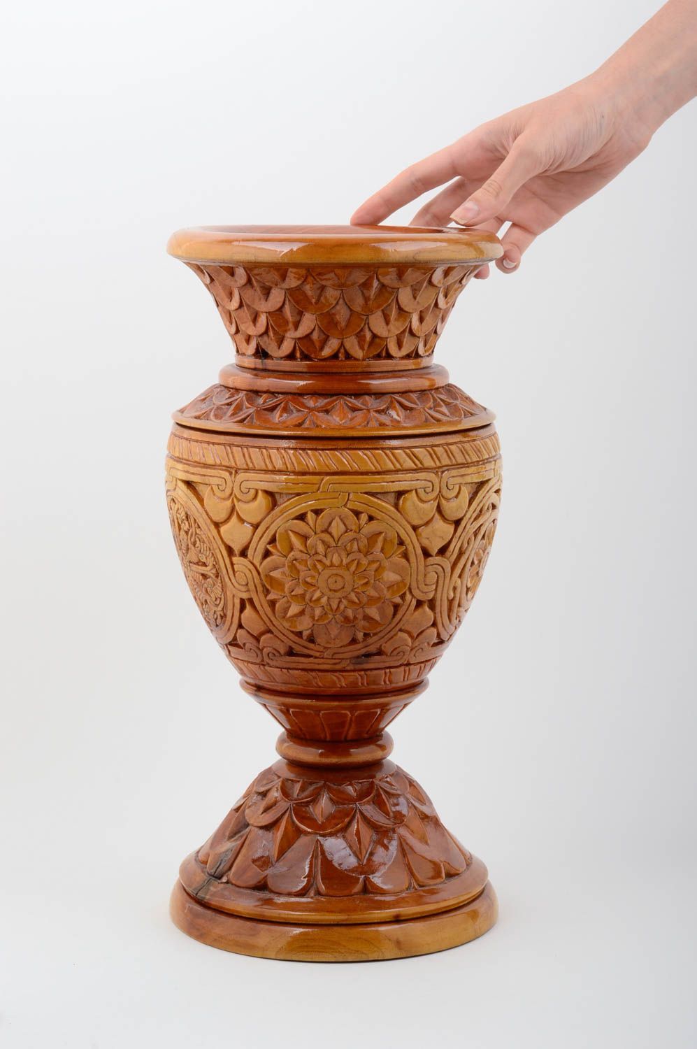 Jarrón decorativo hecho a mano florero de madera tallado objeto de decoración  foto 5