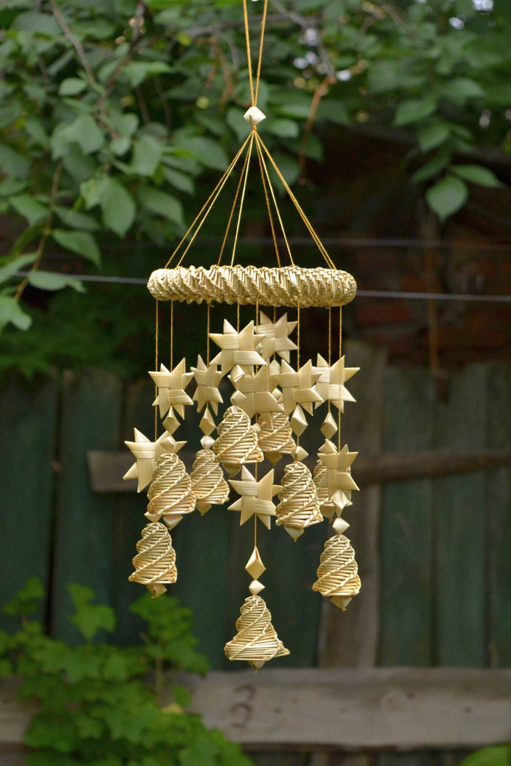Handmade interior wall pendant woven of straw in shape of bells  photo 1