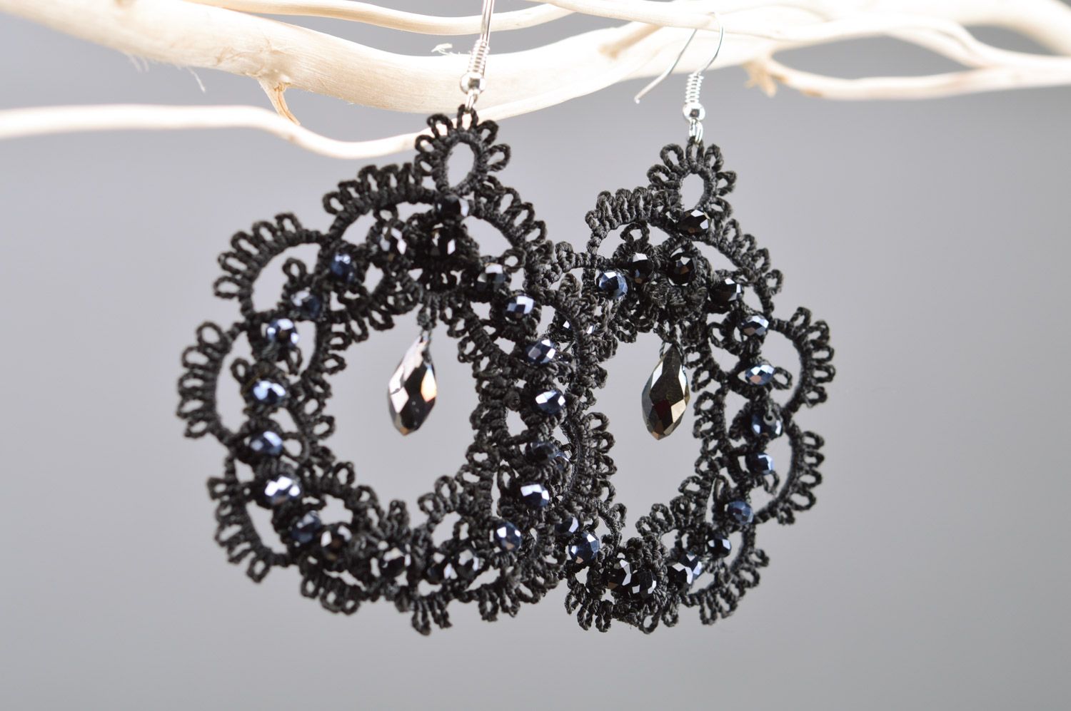 Large black lacy handmade earrings woven of satin threads using tatting technique photo 2