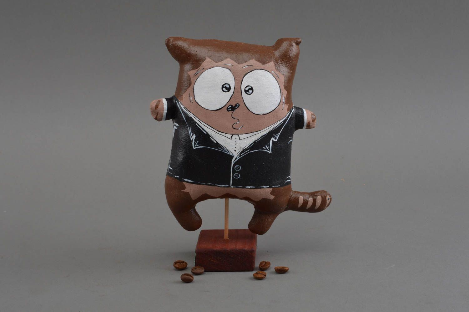 Figurine chat en tissu de lin peinte avec support de bois faite main originale photo 1