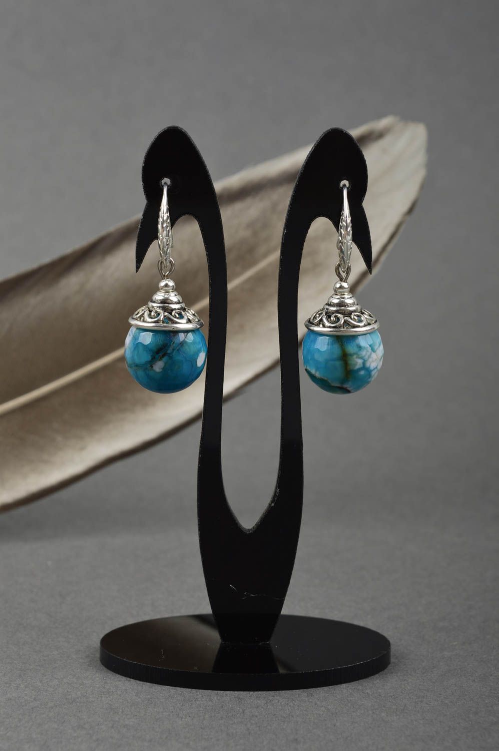 Boucles d'oreilles agate Bijou fait main bleues pendantes Cadeau pour femme photo 1