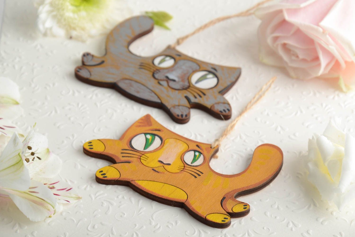 Children's handmade painted plywood interior hangings set 2 pieces Cats photo 1