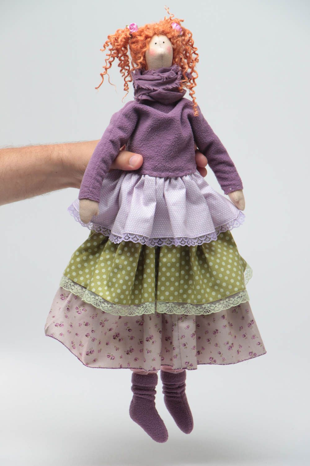 Handmade designer fabric soft doll with ginger hair in violet clothing photo 5