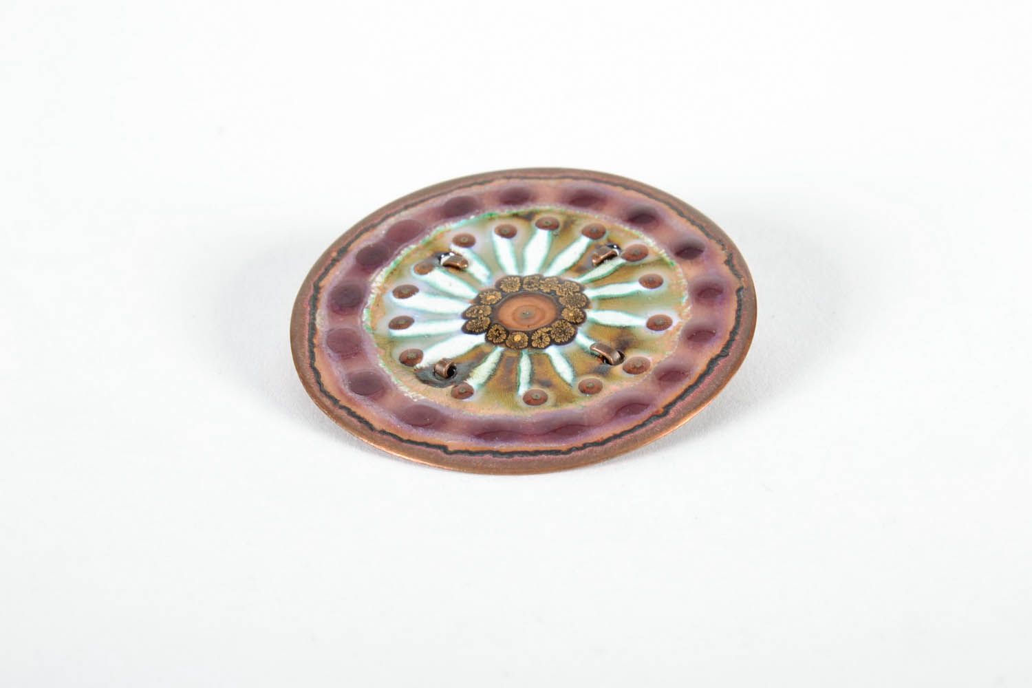 Copper brooch decorated with hot enameling photo 3