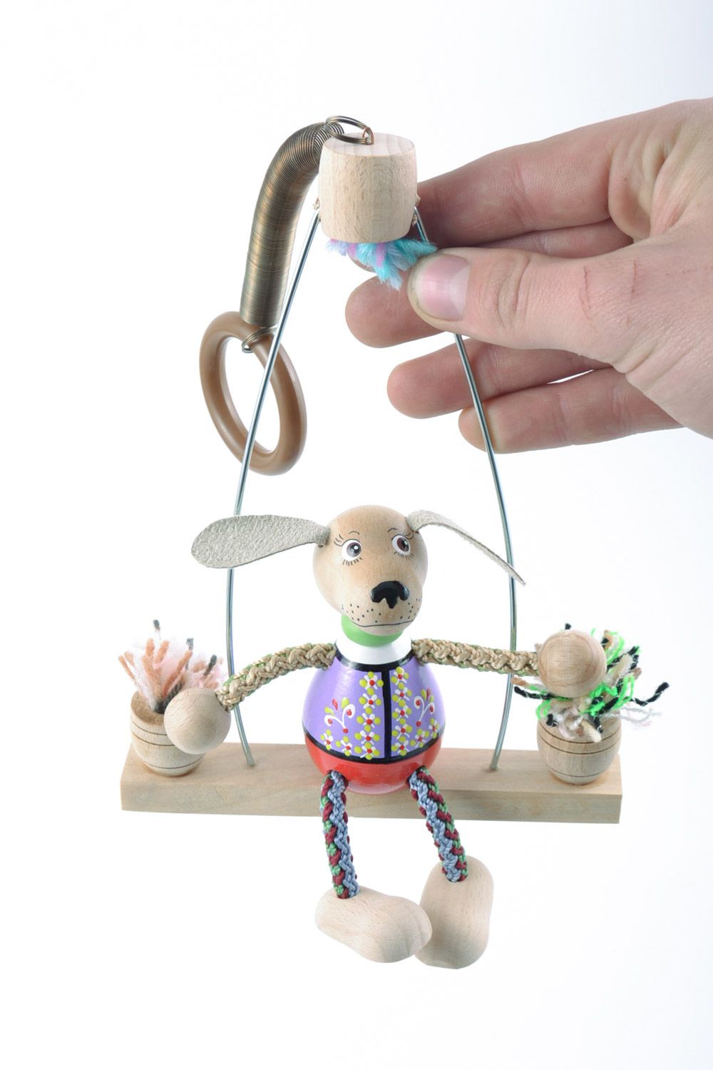 Small handmade wooden eco toy dog on swing for gift photo 2